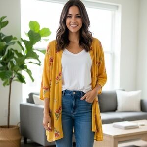 Michel Studio Yellow Floral open Front Women's Duster/Beach Cover-up Size 1X/2X